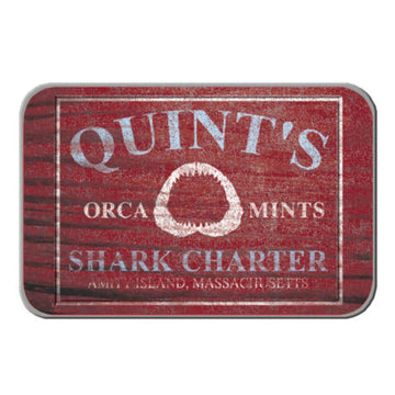 Red tin with 'Quint's Orca Mints Shark Charter' text and shark tooth graphic on a white background